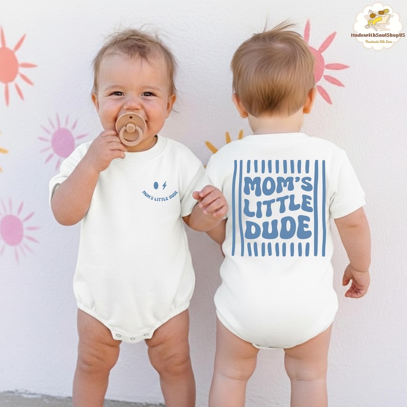 Moms Little Dude Striped Baby Romper, Baby Shower Gift, First Mother Day Gift, New Mom Baby Boy Gift, Cute Boy Mom Life Tee, Boy Mom Gift image 2
