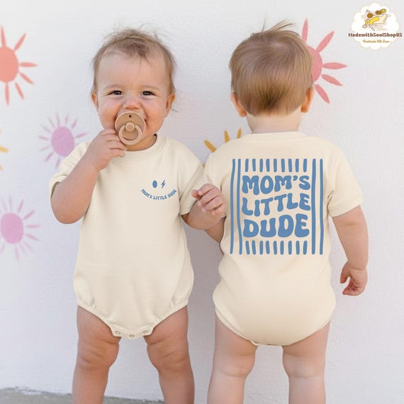 Moms Little Dude Striped Baby Romper, Baby Shower Gift, First Mother Day Gift, New Mom Baby Boy Gift, Cute Boy Mom Life Tee, Boy Mom Gift