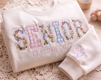 Embroidered Senior Floral Gingham Custom Sweatshirt, Floral Grandmillennial High School Senior Tee, Back To School, Custom Name Sleeve Shirt