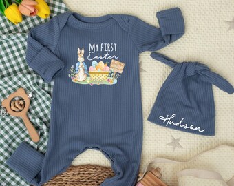 My First Easter Baby Outfit, Personalized Newborn Romper and Hat Set, Custom Name Easter Bunny Bodysuit, First Easter Gift for Baby Boy