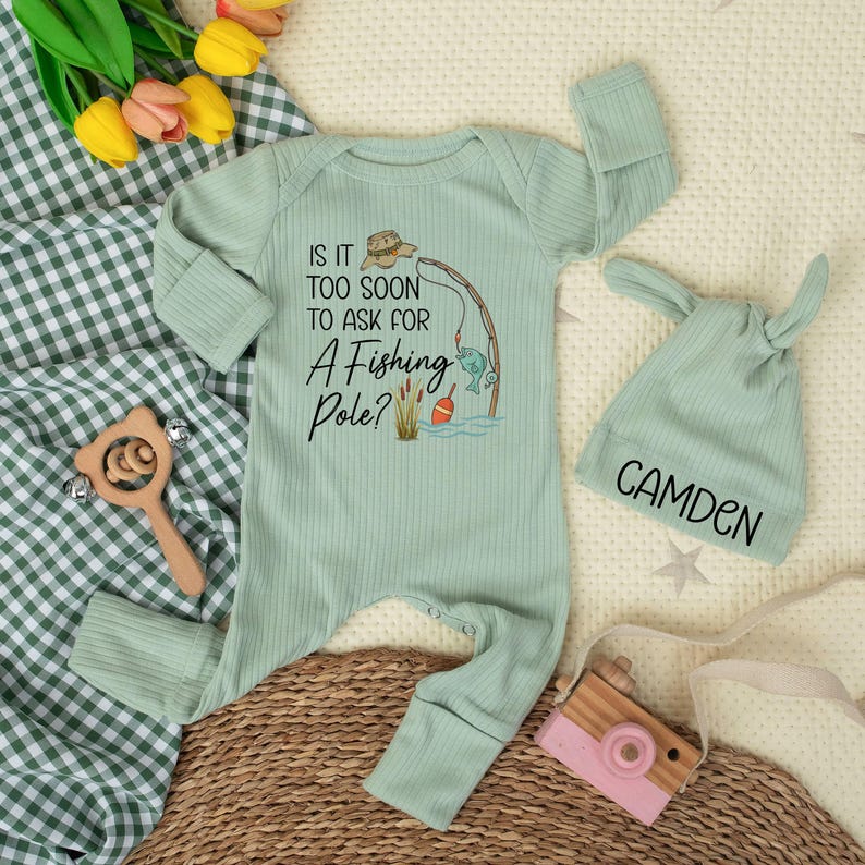 Is It Too Soon to Ask for a Fishing Pole Baby Bodysuit, Personalized Newborn Outfit, Funny Fishing Baby Clothes, Outdoor Baby Shower Gift image 1