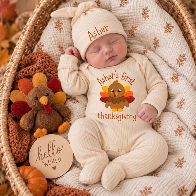 May include: A cream-colored ribbed long-sleeve footed sleeper and matching knotted hat. The sleeper features a graphic of a turkey with the text "Asher's first thanksgiving" and the hat is embroidered with the name "Asher" in brown thread.