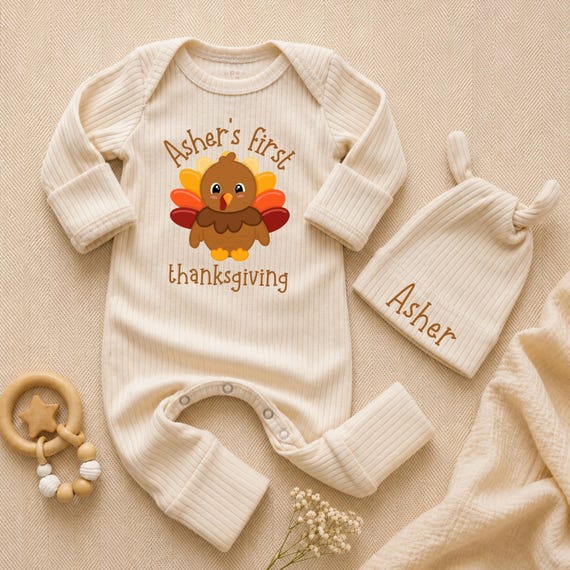 Baby's First Thanksgiving Outfit, Personalized Turkey Baby Bodysuit, Custom Name Newborn Romper, Thanksgiving Baby Boy Coming Home Gift