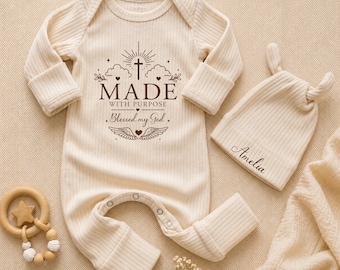 Made with Purpose Blessed by God Baby Bodysuit Hat Set, Custom Newborn Outfit