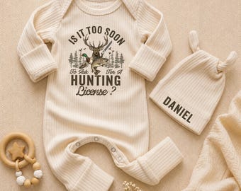 Funny Hunting Baby Bodysuit and Beanie Set, Custom Name Deer Duck Fish Newborn Outfit