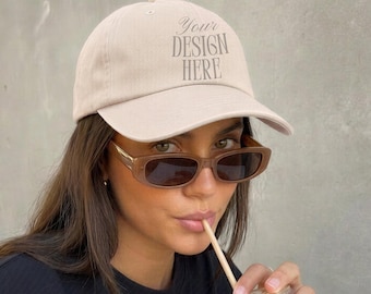 Classic dad cap mockup, stone, Yupoong 6245CM, adjustable unisex hat, trendy cap style, streetwear, minimal, POD, print on demand