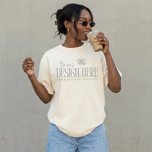 Comfort colors C1717 t-shirt mockup, ivory, female lifestyle, neutral, realistic, streetwear, minimal, vintage wash tee, print on demand
