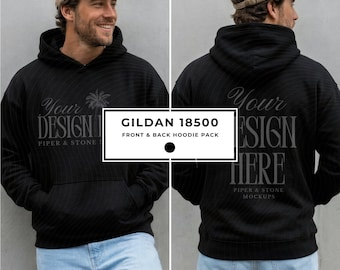 Gildan 18500 man hoodie mockup, front and back pack, black, mens hooded sweatshirt, oversized, male lifestyle, minimal, POD, print on demand