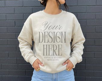 Gildan 18000 sweatshirt mockup, sand crewneck, oversized, minimal, female lifestyle, neutral, POD, print on demand