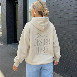 Gildan 18500 sand hoodie mockup, back view, hooded sweatshirt, streetwear, minimal, neutral, beige, POD, print on demand