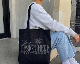 Cotton canvas tote bag mockup, OAD113 liberty bags, black, lifestyle shopping bag, for POD sellers, high-res JPG, instant download