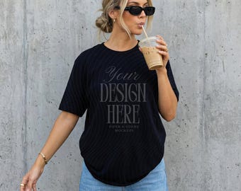 Bella canvas 3001 black t-shirt mockup, oversized, female, lifestyle, minimal tshirt, streetwear style, neutral tee, trendy, print on demand