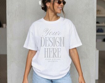 Gildan 5000 white t-shirt mockup, oversized, female lifestyle, streetwear, minimal, neutral tee, print on demand