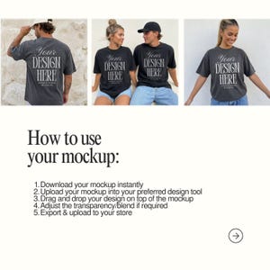 The image is a collage of four photos featuring a man and a woman wearing black t-shirts with the text "Your Design Here" printed on them.