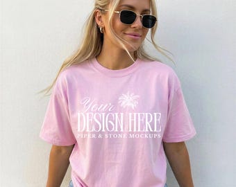 Gildan 5000 light pink t-shirt mockup, oversized, female lifestyle, streetwear, minimal, neutral, POD, print on demand sellers