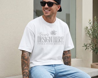 Comfort colors C1717 t-shirt mockup, white, male lifestyle, neutral, realistic man, vintage tee, streetwear vibe, print on demand