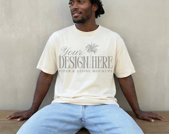 Comfort colors C1717 mens ivory t-shirt mockup, oversized, male lifestyle, neutral, realistic man, minimal, POD, print on demand