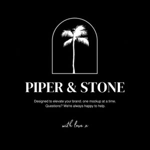 a black and white logo for a brand called "Piper & Stone". The logo consists of a palm tree within an arch, which is a stylized representation of a palm tree. The text below the logo reads, "Designed to elevate your brand, one mockup at a time. Questions? We're always happy to help."