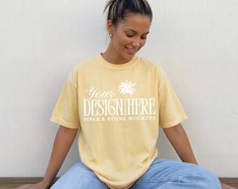 Comfort colors C1717 butter t-shirt mockup, yellow tee, female lifestyle, oversized, minimal, summer, streetwear, POD, print on demand