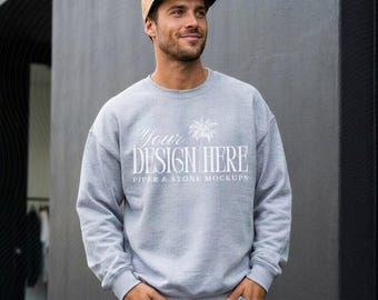 Gildan 18000 mens sweatshirt mockup, sport grey, oversized, male lifestyle, man, streetwear, minimal, neutral, POD, print on demand