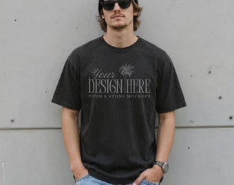 Comfort Colors C1717 t-shirt mockup, black, male lifestyle, mens streetwear, minimal, oversized neutral tee, high-res,  download for POD