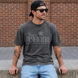 Comfort colors C1717 man t-shirt mockup, pepper, blank, male lifestyle, streetwear, realistic, minimal, vintage wash tee, print on demand