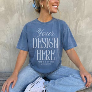 Comfort colors C1717 t-shirt mockup, blue jean, streetwear, female lifestyle, minimal, oversized, POD, print on demand