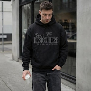 Gildan 18500 man hoodie mockup, front of hoodie, black, realistic, male lifestyle, for POD sellers, high-res JPG, instant download