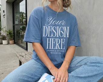 Comfort colors C1717 t-shirt mockup, blue jean, streetwear, female lifestyle, minimal, oversized, vintage tee, print on demand