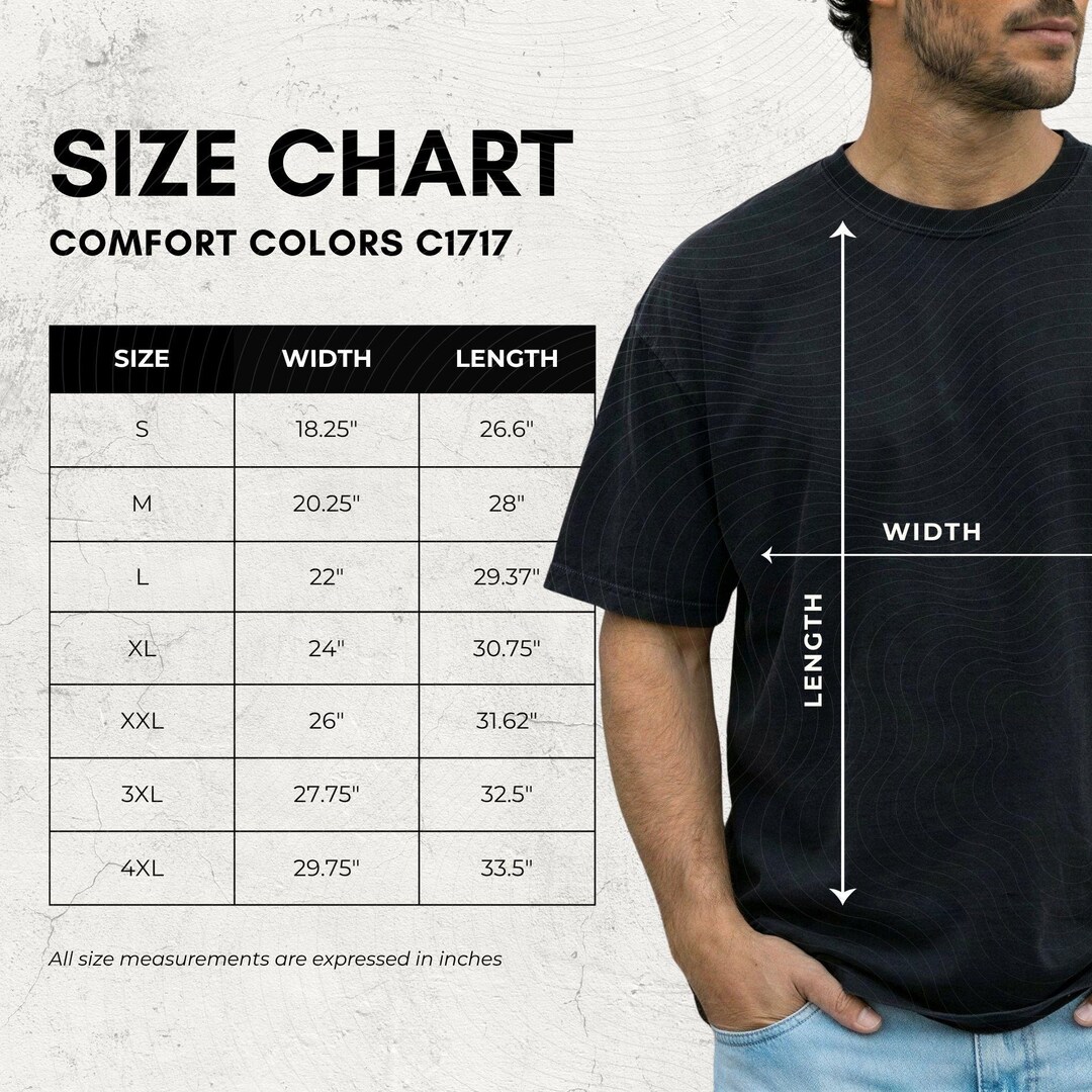 Comfort Colors C1717 Sizing Chart, Unisex T-shirt Measurement Guide ...