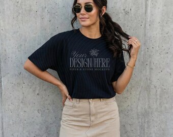 Gildan 5000 black t-shirt mockup, oversized, female, lifestyle, streetwear, stylish, minimal, neutral, print on demand