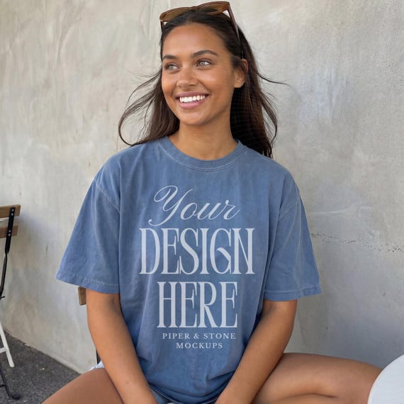 Comfort colors C1717 t-shirt mockup, blue jean, streetwear, female lifestyle, minimal, oversized, POD, print on demand