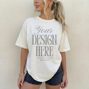Comfort colors C1717 ivory t-shirt mockup, oversized, female lifestyle, minimal aesthetic, trendy, digital download, POD, print on demand