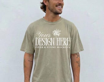 T-shirtmodel Comfort Colors C1717, kaki, mannelijke levensstijl, streetwear heren, minimaal, oversized, neutraal T-shirt, POD, print on demand