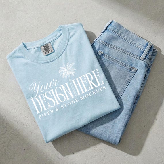 Comfort colors C1717 chambray flat lay mockup, blue t-shirt, folded shirt mockup, minimal, editorial, neutral, plain, POD, print on demand