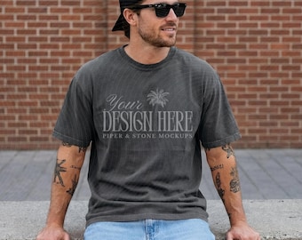 Comfortkleuren C1717 heren T-shirt mockup, peper, blanco, mannelijke levensstijl, streetwear, realistisch, minimaal, vintage wassing T-shirt, print on demand