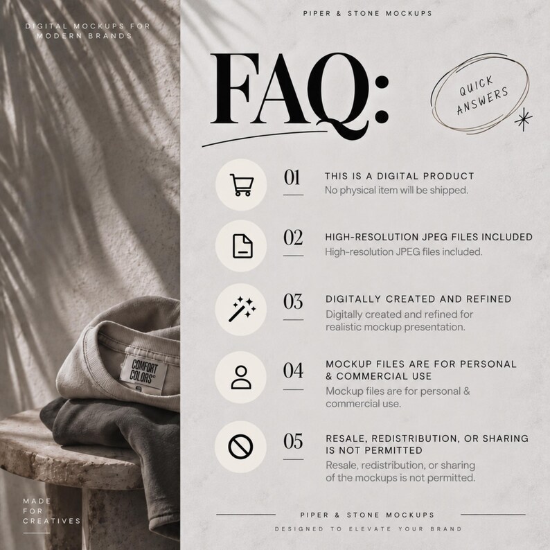 The image is a digital product that does not include any physical item. It contains high-resolution JPG files, which are used for digitally created and refined mockups for real-world presentations. The mockups are for personal and commercial use, and they are not permitted to be resale, redistributed, or shared without permission.