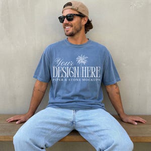 Comfort colors C1717 blue jean t-shirt mockup, oversized, male lifestyle, mens, neutral, streetwear, minimal, male, print on demand