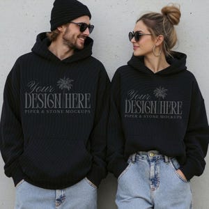 Gildan couple mockup, 18500 sweatshirt, black, streetwear lifestyle, natural relaxed vibe, duo crewneck, for POD sellers
