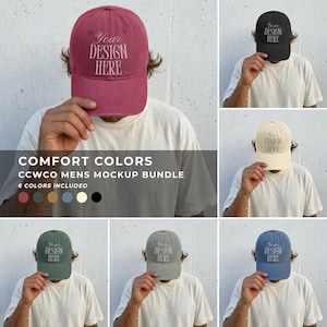 May include: A collection of six baseball caps in red, black, cream, green, grey, and blue, each featuring the text YOUR DESIGN HERE embroidered on the front. The caps are displayed in a grid format, showcasing various color options for customization.
