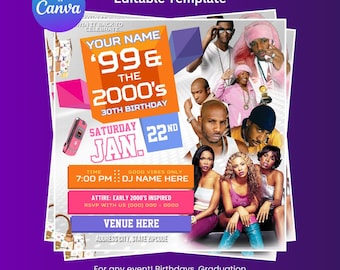 Y2K Birthday Party Flyer, 2000s Theme (Canva Template Digital Download