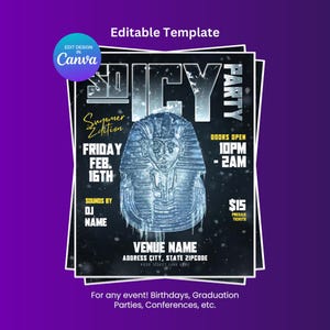 May include: A flyer template with a purple and black gradient background. The flyer features the word "ICY" in a silver, icy font, and a graphic of a pharaoh's mask. Text includes event details like date, time, and venue.