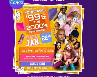 2000s Geburtstagsparty Flyer Vorlage, anpassbar (digitaler Download)