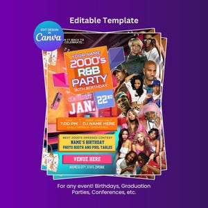 Può includere: Un modello di evento vivace per una festa R&B degli anni 2000, con un collage di musicisti e dettagli dell'evento. Il design include il testo "Your Name", "2000's R&B Party" e "30th Birthday". La data è il 22 gennaio. Modificabile in Canva.