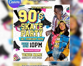 90er Jahre Skate Party Flyer, Retro Geburtstagseinladung (Digitaler Download)