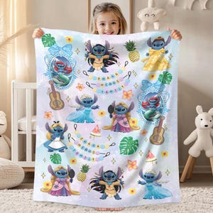 Watercolor Funny Stitch Blanket, Coquette Bows Lilo & Stitch Blanket,Cute Stitch Disneyworld Blanket, Birthday Girl Gift Blanket image 1