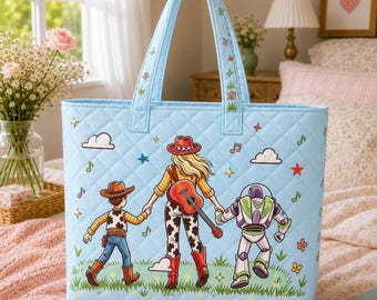 Toy Story 5 Family Quilted Tote Bag, Toy Story 5, Cute Baby Reveal, Cowgirl Woody Buzz Friend Bag, Cartoon Adventure, Family Vacation Gift