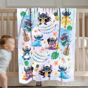 Watercolor Funny Stitch Blanket, Coquette Bows Lilo & Stitch Blanket,Cute Stitch Disneyworld Blanket, Birthday Girl Gift Blanket image 2
