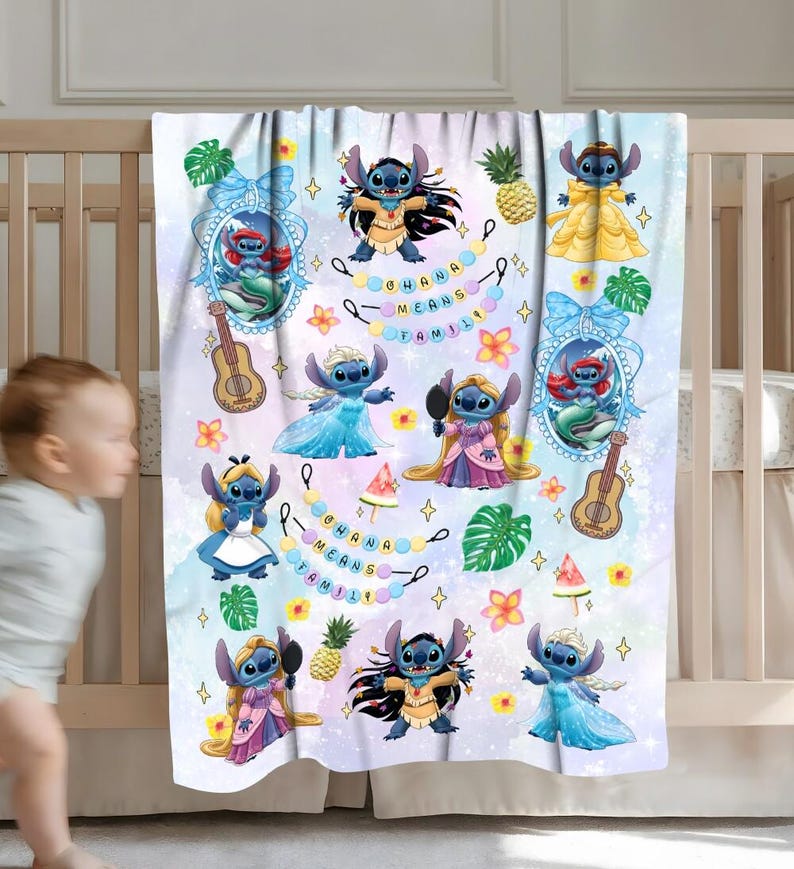 Watercolor Funny Stitch Blanket, Coquette Bows Lilo & Stitch Blanket,Cute Stitch Disneyworld Blanket, Birthday Girl Gift Blanket image 2