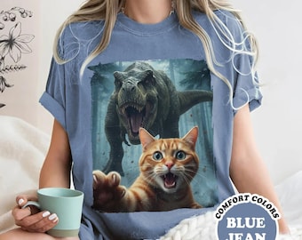 Funny Cat & T-Rex Selfie Comfort Colors T-Shirt: Quirky Meme Graphic Tee, Funny Meme Cat Shirt, T-Rex Funny Tee